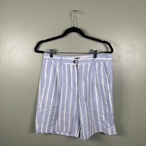 Iris V Arnim Women’s 36 Striped Linen Blend Bermuda Shorts Blue White Pleat FLAW